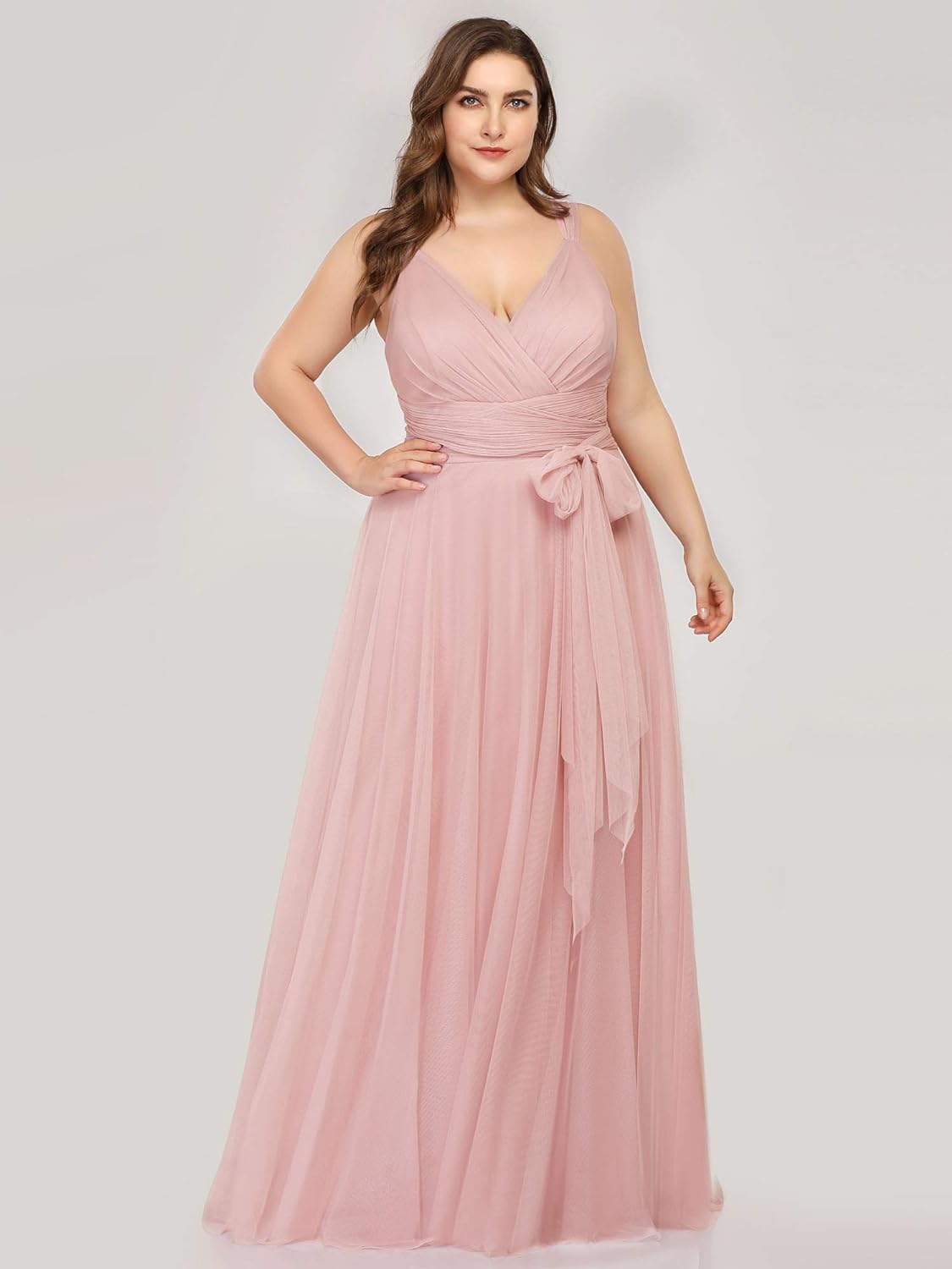 Elegant and Flattering: Ever-Pretty Plus Women's V-Neck Wrap Empire Waist Sash Tulle A-line Plus Size Bridesmaid Dresses 07303-DA Review