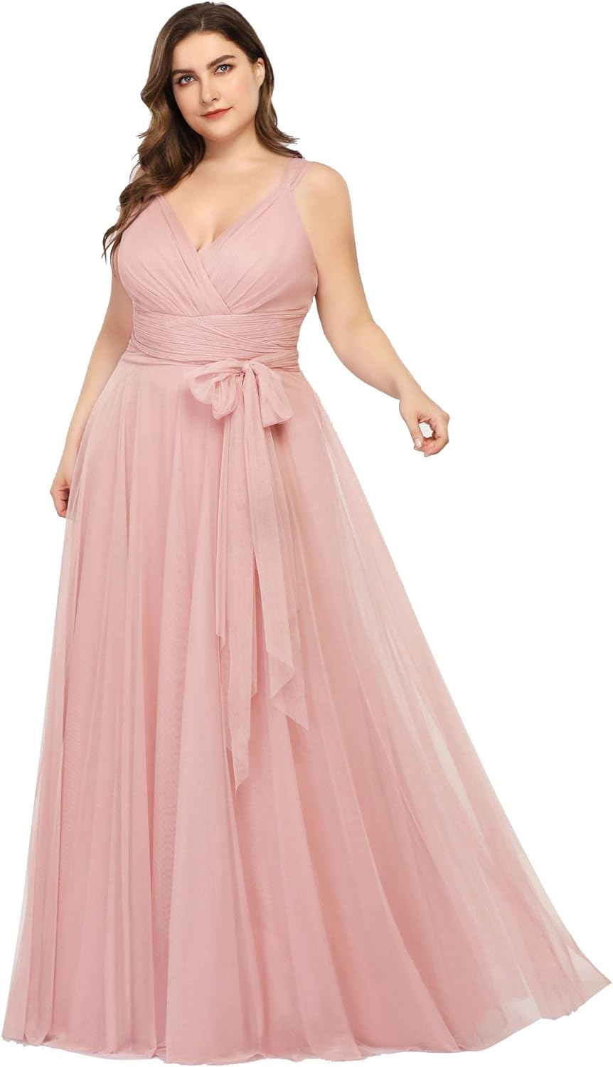 Elegant and Flattering: Ever-Pretty Plus Women’s V-Neck Wrap Empire Waist Sash Tulle A-line Plus Size Bridesmaid Dresses 07303-DA Review